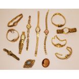 A MIXED LOT OF TEN VARIOUS GOLD PLATED WRISTWATCHES to include GUCCI, LIMIT, SEIKO, SEKONDA,