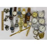 A MIXED LOT OF VARIOUS STOP AND POCKET WATCHES AND VARIOUS WRIST WATCHES, to include Smiths,