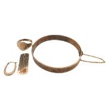 A 9ct gold signet ring together with a 9ct pendant, a 9ct single earring and plated bangle, weight