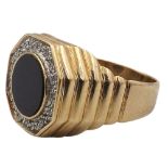 A 9ct gold diamond and onyx set signet ring, size S, total weight 6.8g.