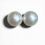 A pair of white off-round ear studs, on precious yellow metal mounts. Approximate diameter of the
