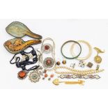 A small collection of costume jewellery to include a French jet style drop necklace, a Scottish