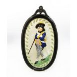 A late 18th Century pearl ware porcelain Staffordshire wall hanging plaque of a gentleman in a black