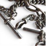 Three sterling silver Albert watch chains. Comprising a graduated oval link watch chain, with a T