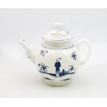 A Worcester porcelain blue and white globular teapot and cover, painted with the â€˜Waiting