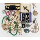 A collection of costume jewellery including a turquoise and half pearl 9ct gold pendant, length