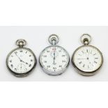 A collection of three open faced pocket watches/stop watch to include a silver cased Omega keyless