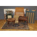 A group of small furniture, including a floral print upholstered 6'4'' headboard, light oak