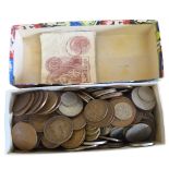 A collection of British coins including half silver and six 10 shillings notes