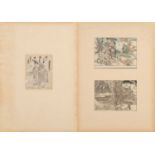 (R) TWO PAGES WITH JAPANESE WOODBLOCK PRINTS AND DRAWING, EDO PERIOD