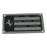 FERRARI: An original Ferrari chassis plate. TIPO (TYPE) stamped ‘625/750’, AUTOTELAIO (CHASSIS)...