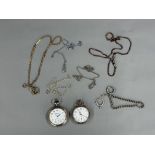 Watches: Two white metal open faced pocket watches, with applied yellow metal rings, black Arabic