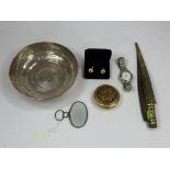 Objects Of Vertu: a 19th century white metal framed magnifying glass; a pierced brass cased travel