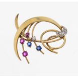 14 kt Gold Rubin-Saphir-Diamant-Brosche, 1970er Jahre,