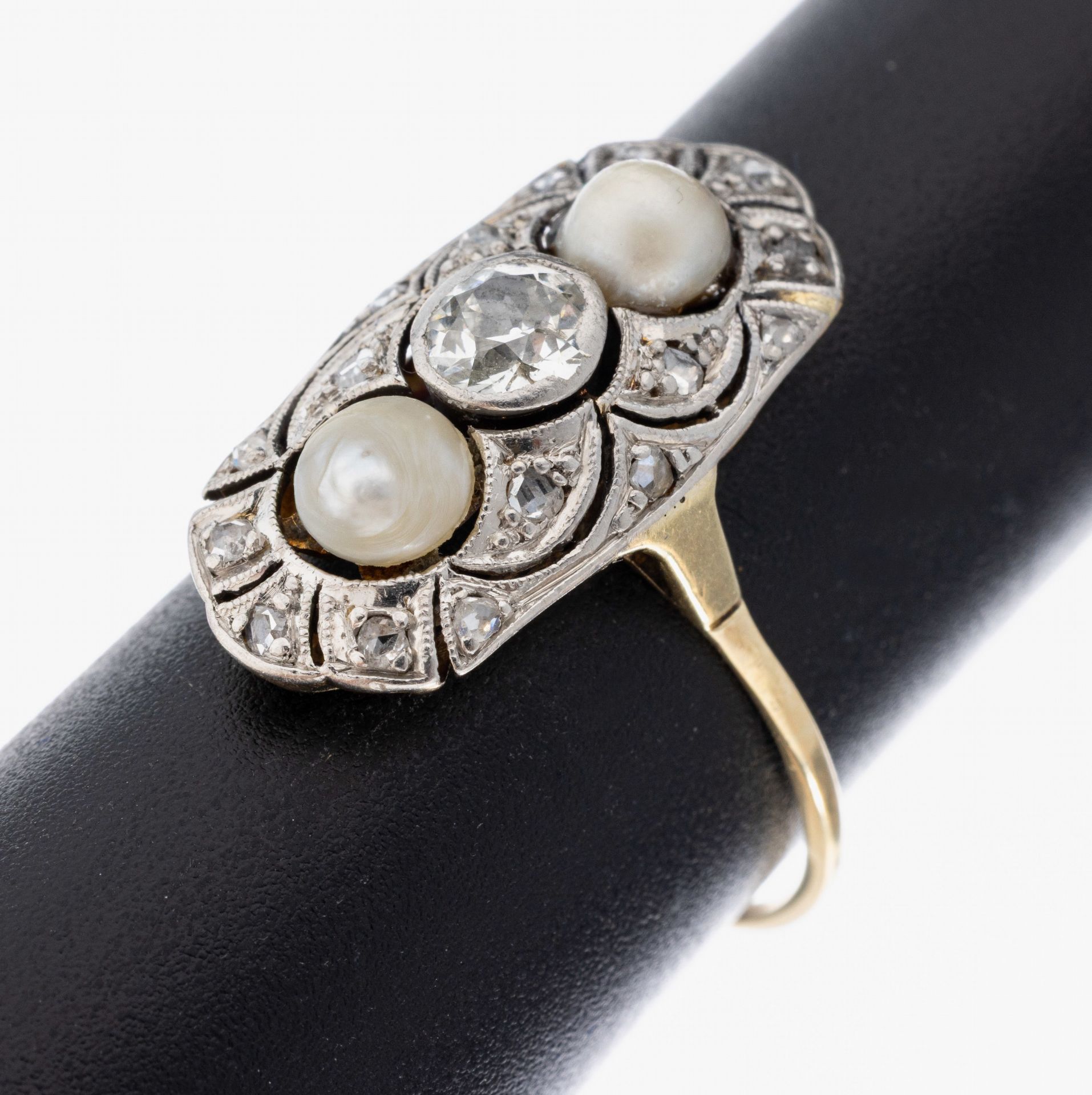 14 kt Gold Art-Deco-Perl-Diamant-Ring, GG 585/000 und