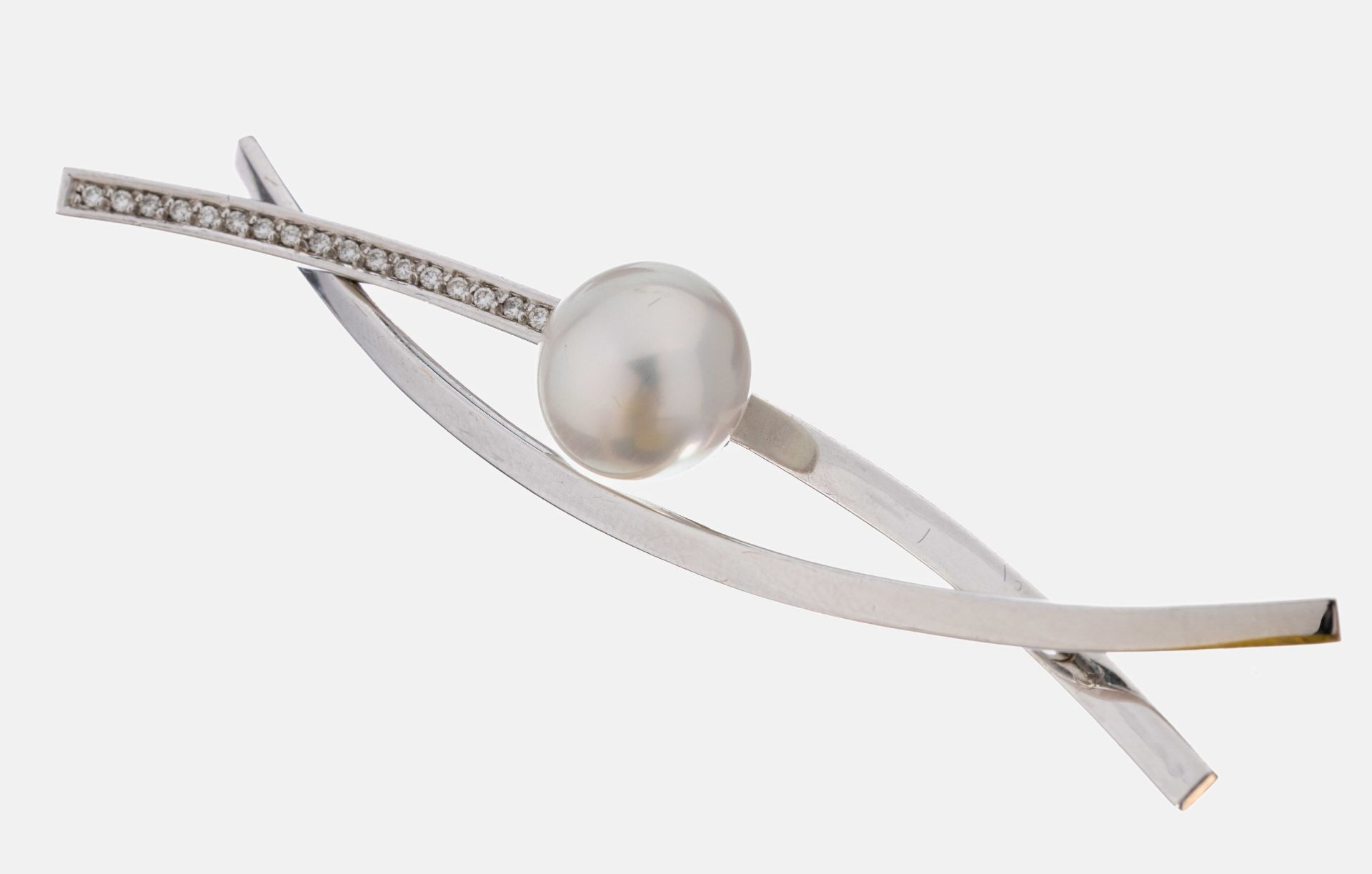 18 kt Gold Perl-Brillant-Brosche, WG 750/000, länglich