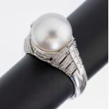 18 kt Gold Perl-Diamant-Ring, WG 750/000, weiße