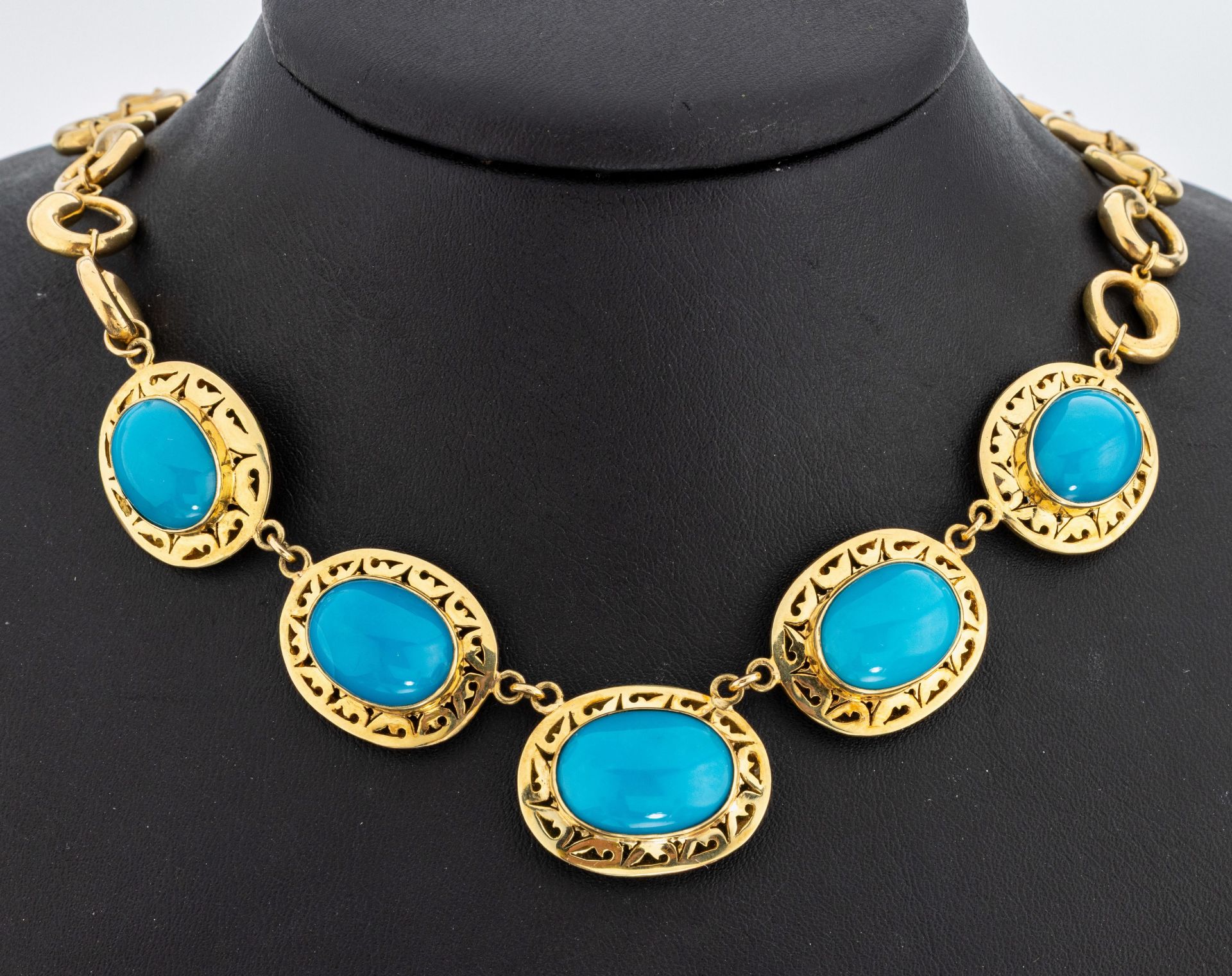 18 kt Gold Türkis-Collier, GG 750/000, mittlere 5 Glieder,