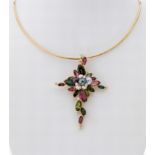 18 kt Gold Turmalin-Perl-Brillant- Kreuzanhänger, GG