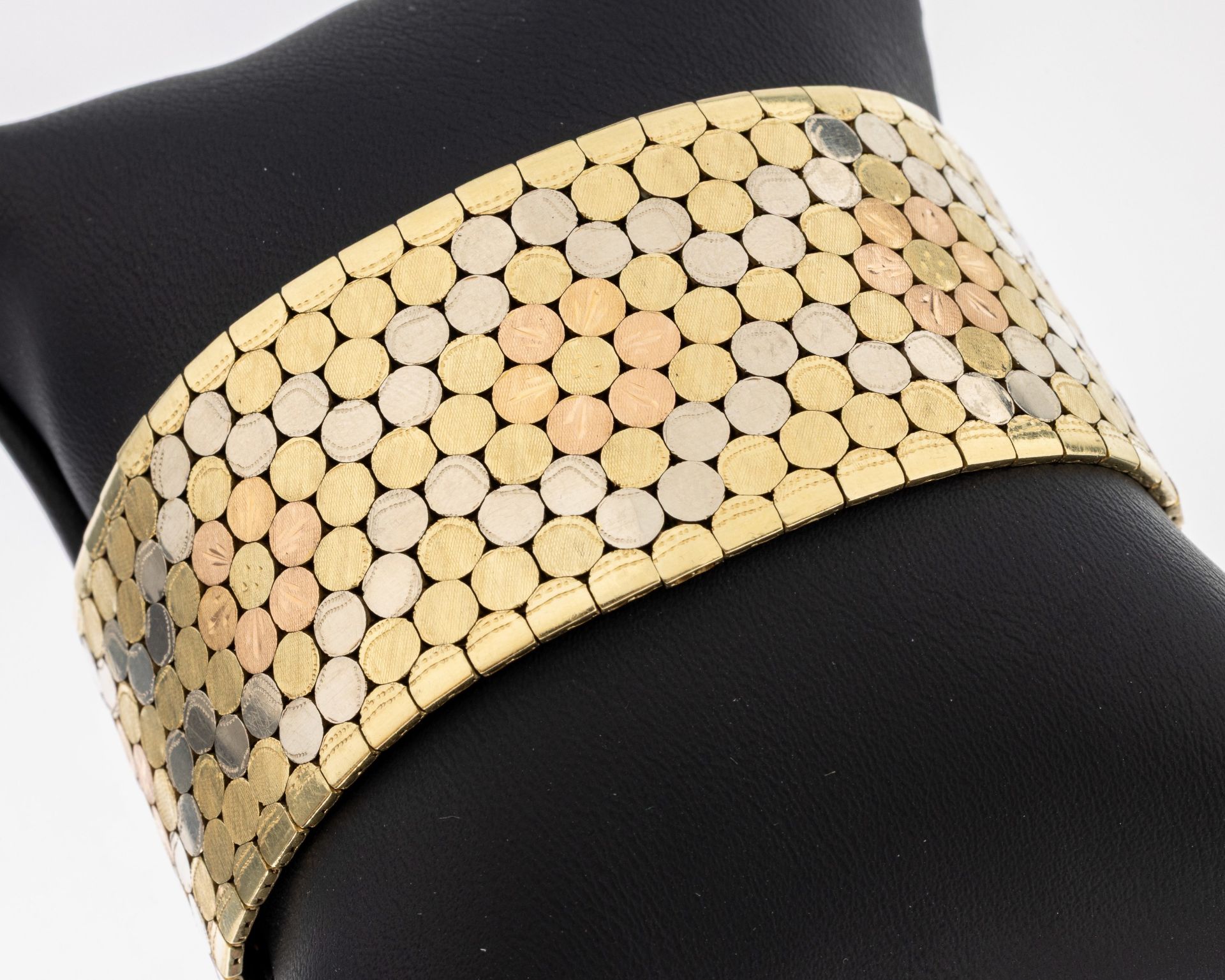 14 kt Gold Armband, GG/WG/RG 585/000, sogn.Teppicharmband,