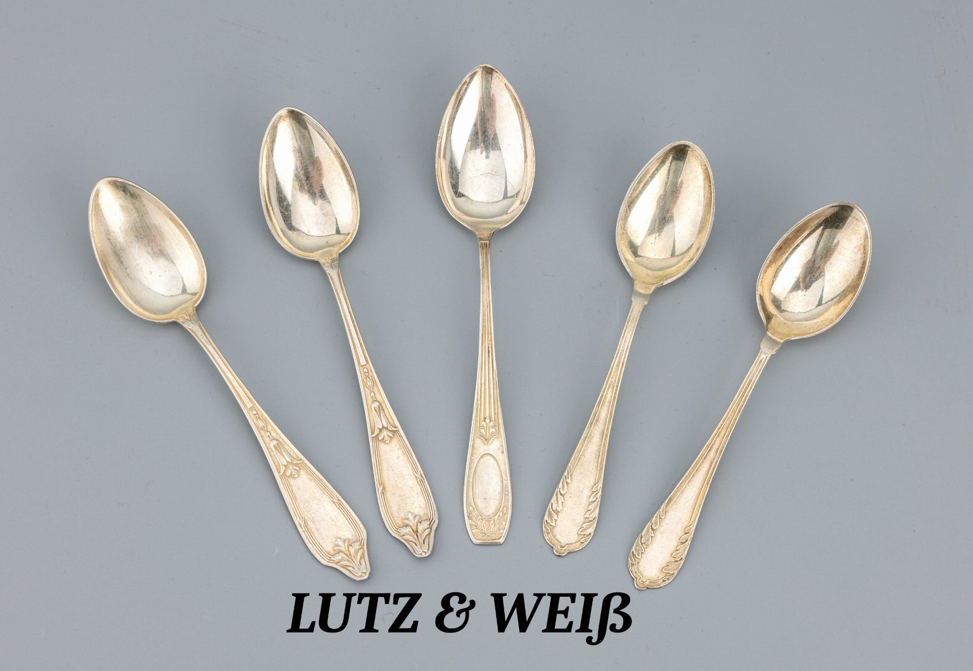 Konvolut 5 Kaffeelöffel, 800er Silber, 1 x Hersteller Lutz