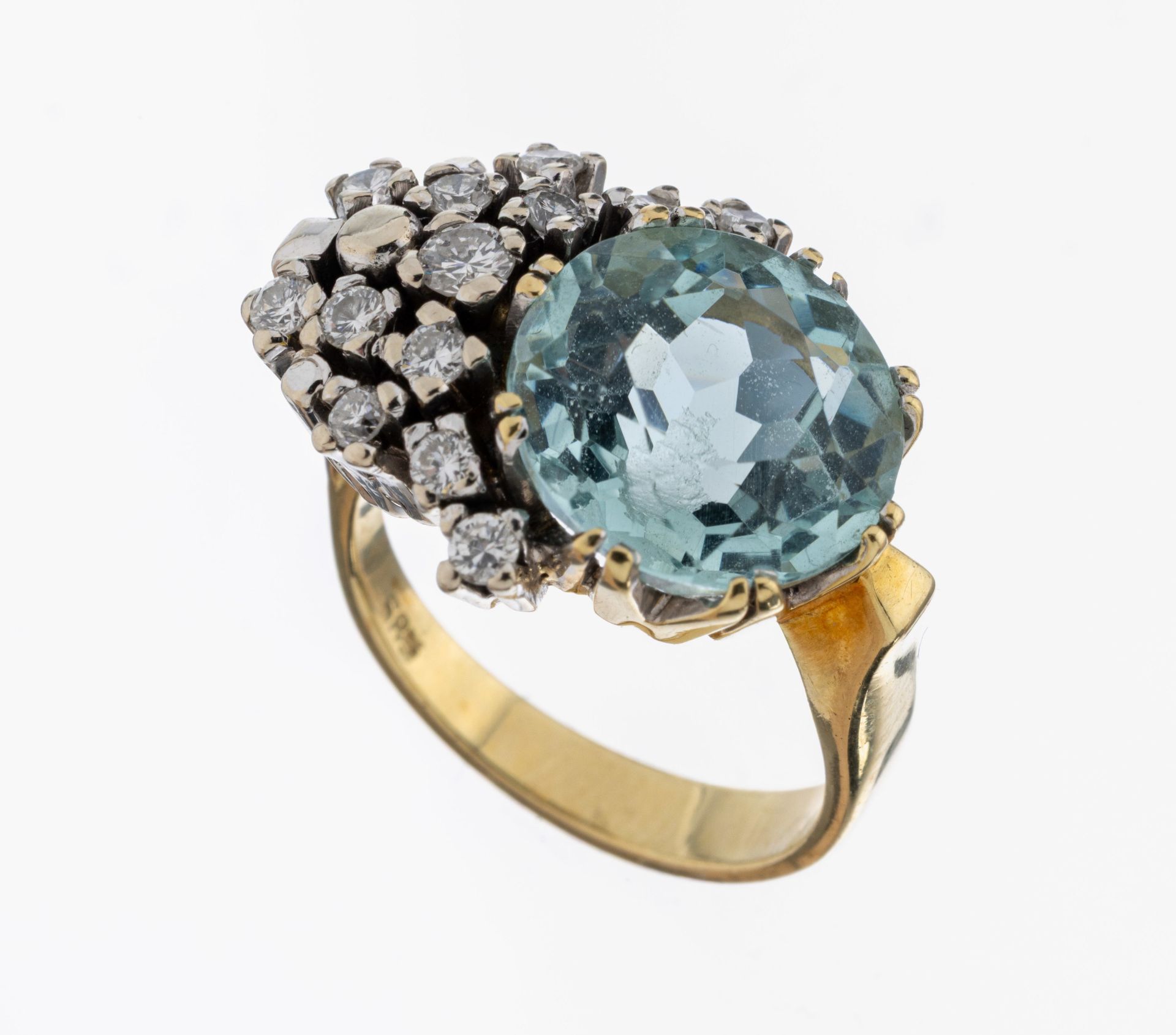 14 kt Gold Aquamarin-Brillant-Ring, GG/WG 585/000,