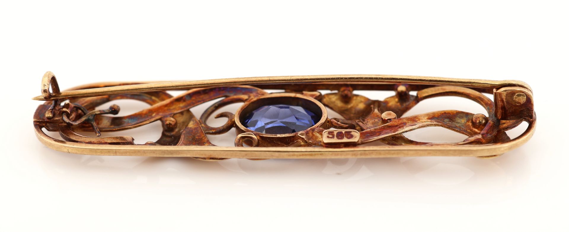 14 kt Gold Saphir-Brosche, um 1930, GG 585/000, ovale - Bild 5 aus 5