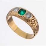 14 kt Gold Smaragd-Diamant-Ring, GG 585/000, Ringschiene