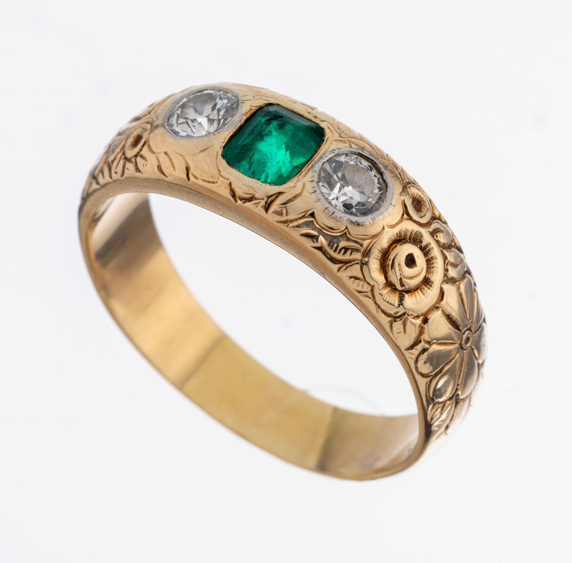 14 kt Gold Smaragd-Diamant-Ring, GG 585/000, Ringschiene