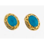 Paar 18 kt Gold Türkis-Ohrstecker, GG 750/000, 2 ovale