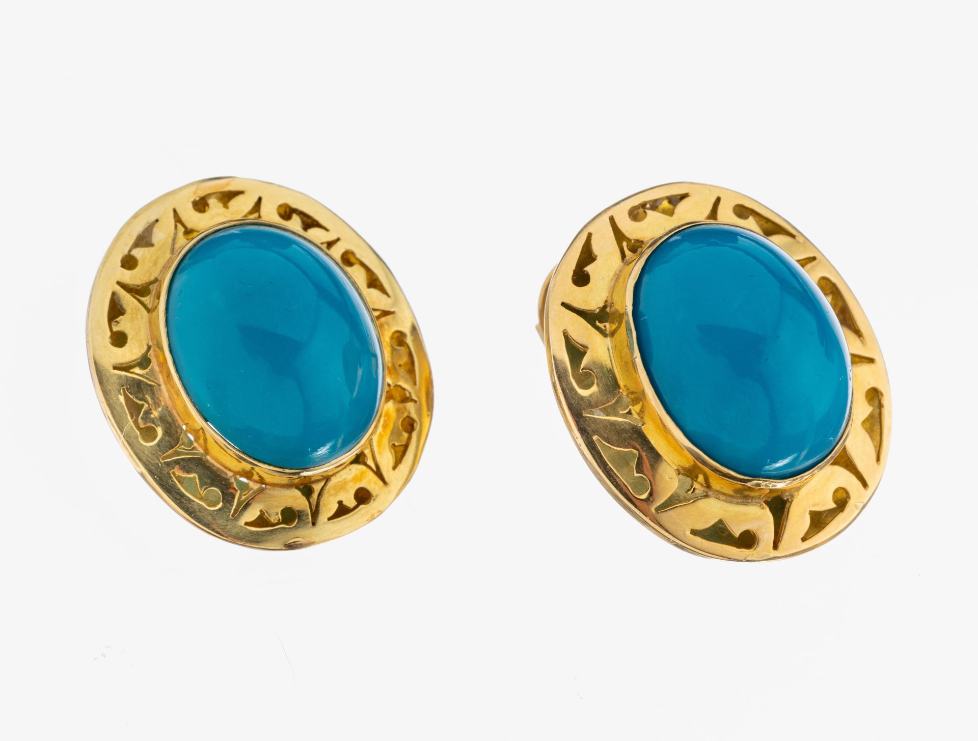Paar 18 kt Gold Türkis-Ohrstecker, GG 750/000, 2 ovale