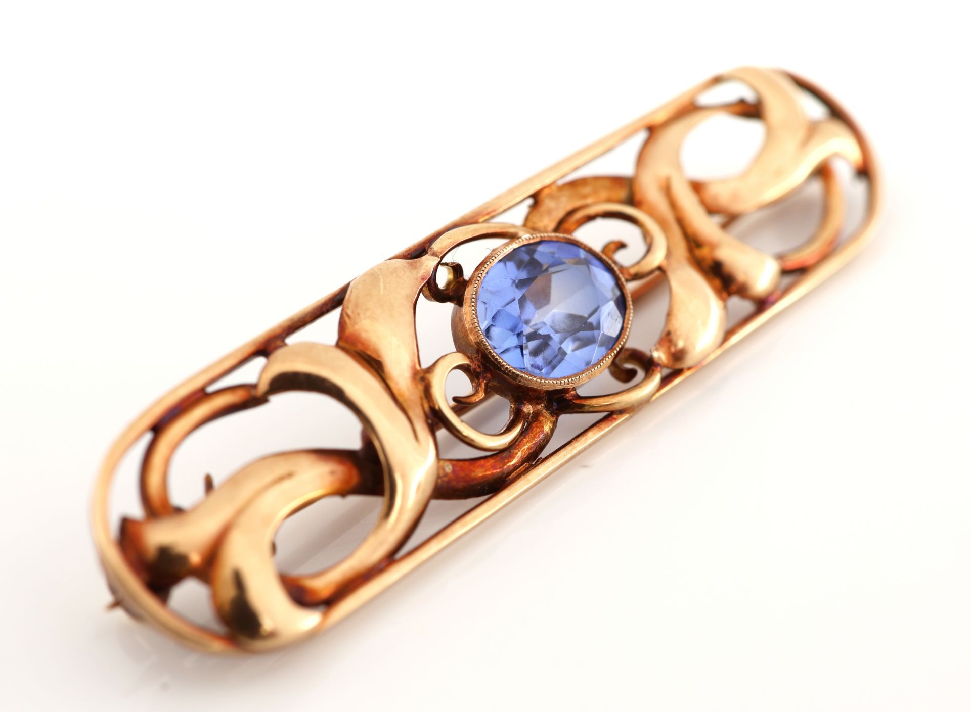 14 kt Gold Saphir-Brosche, um 1930, GG 585/000, ovale - Bild 3 aus 5