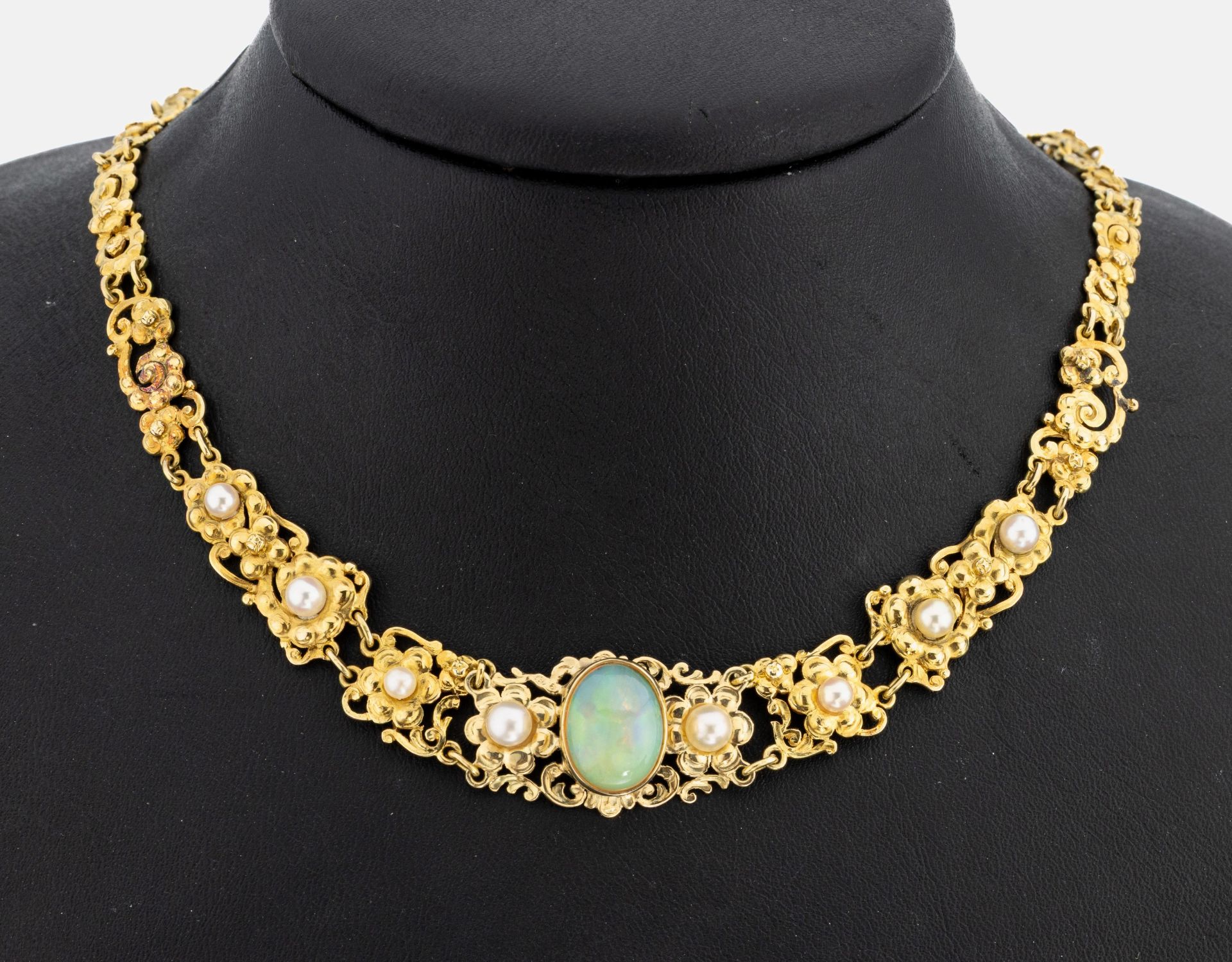 14 kt Gold Opal-Perl-Collier, GG 585/000, Glieder im