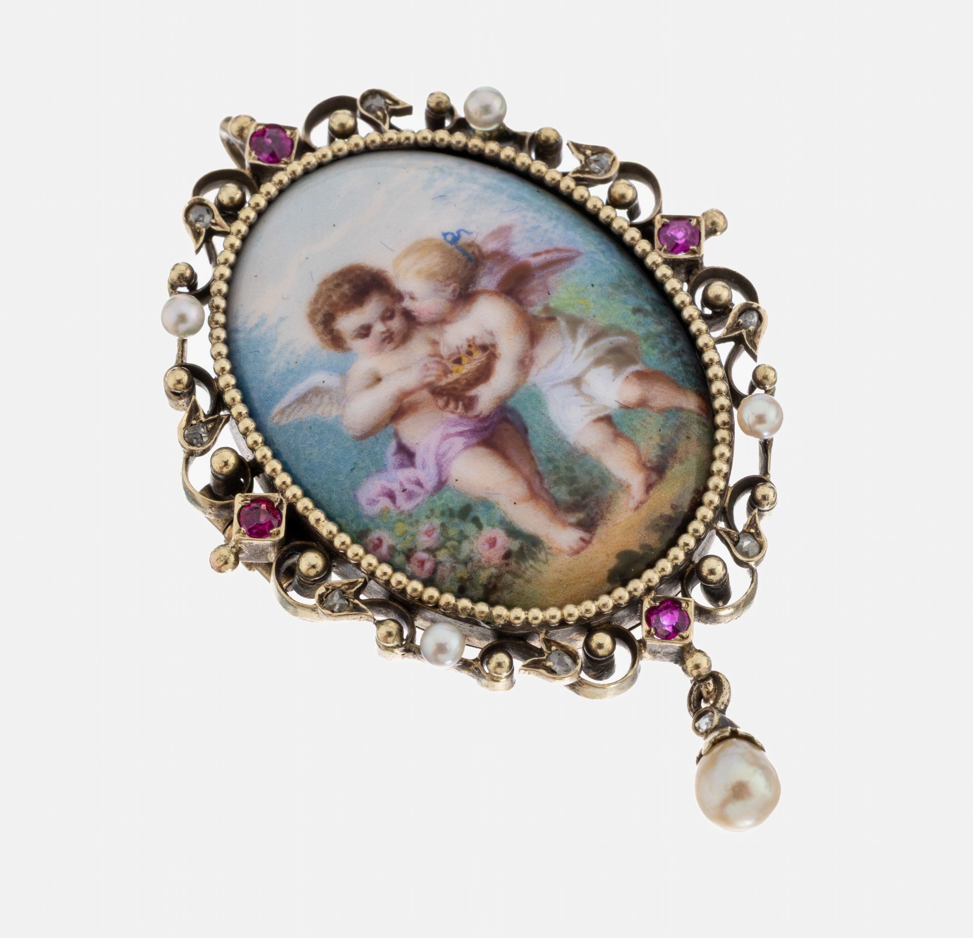 14 kt Gold Porzellanmalerei-Rubin-Diamant -Perl-Brosche,