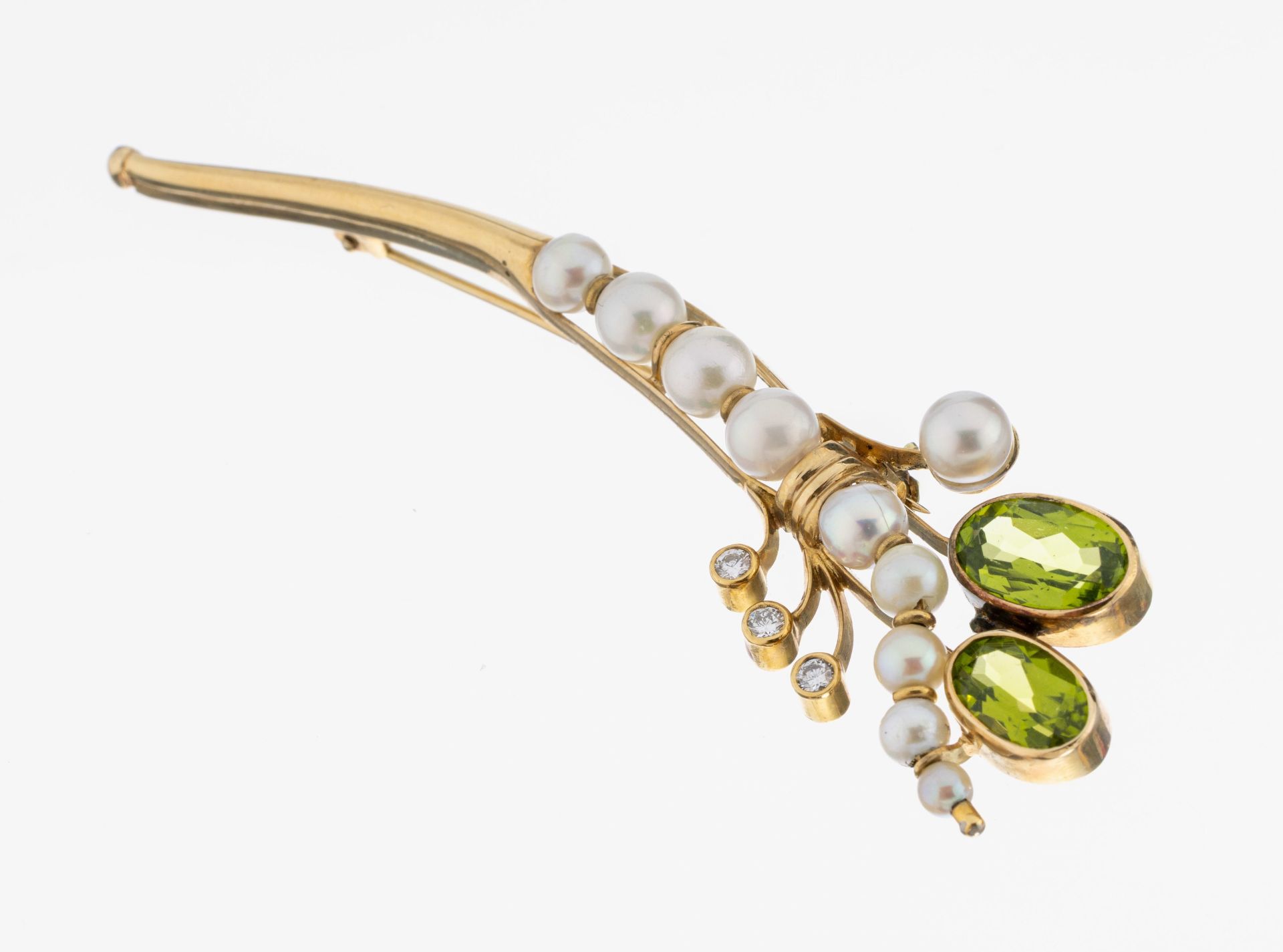 14 kt Gold Peridot-Brillant-Perl-Brosche, GG 585/000,