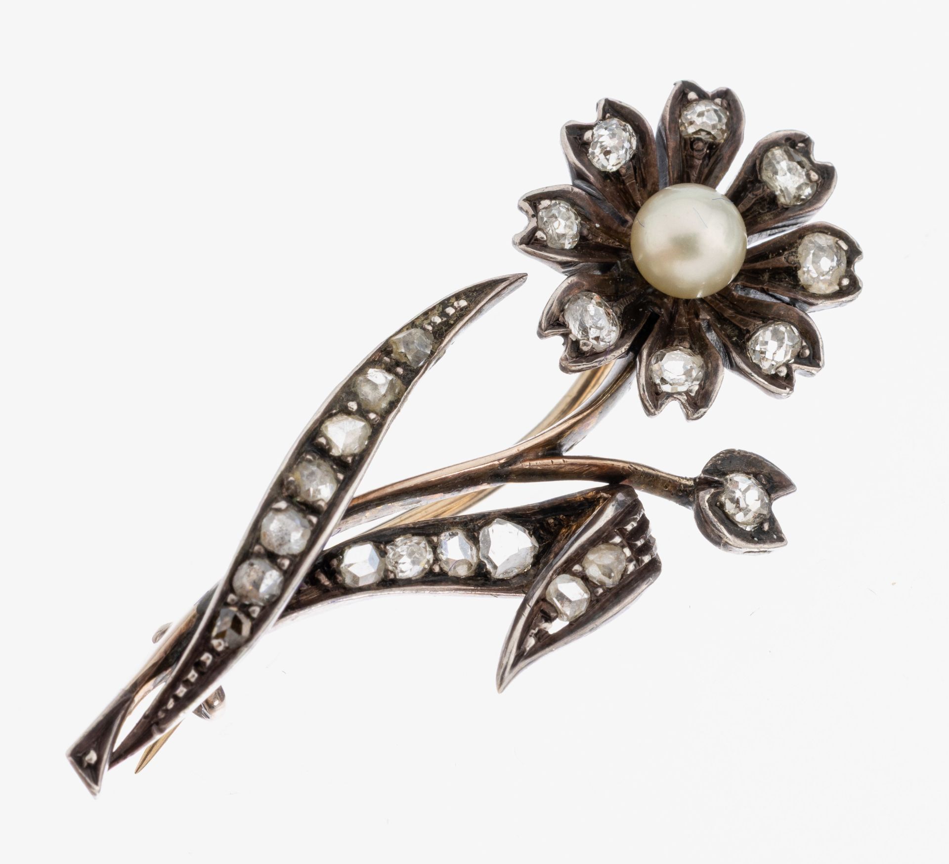 8 kt Gold Diamant-Perl-Brosche, um 1900, GG333/000 gepr.,