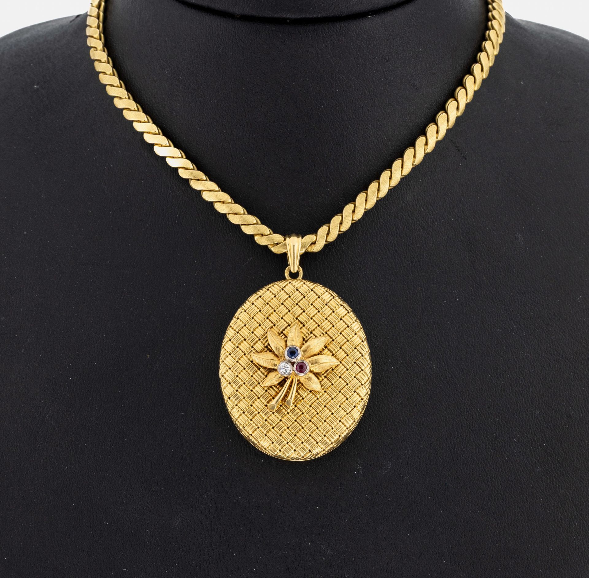 18 kt Gold Brillant-Saphir-Rubin- Medaillonanhänger, GG