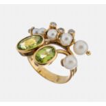 14 kt Gold Peridot-Brillant-Perl-Ring, GG 585/000,