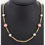14 kt Gold Perl-Rhodochrosit-Collier, GG 585/000, endlos,