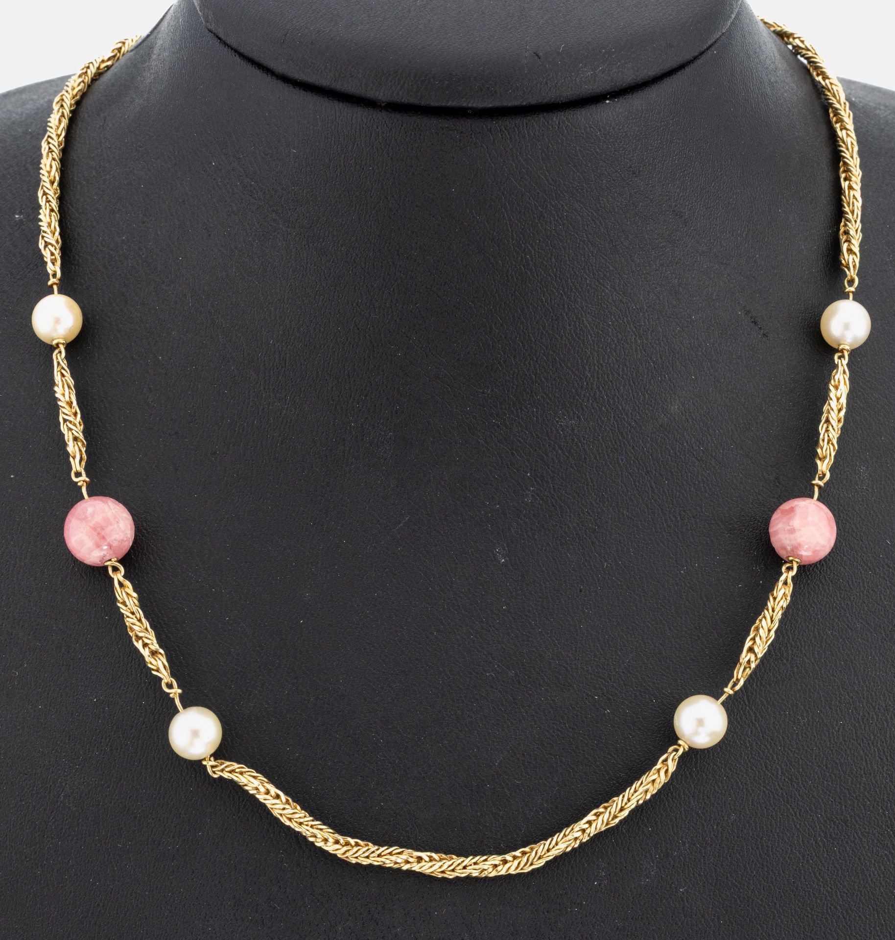 14 kt Gold Perl-Rhodochrosit-Collier, GG 585/000, endlos,