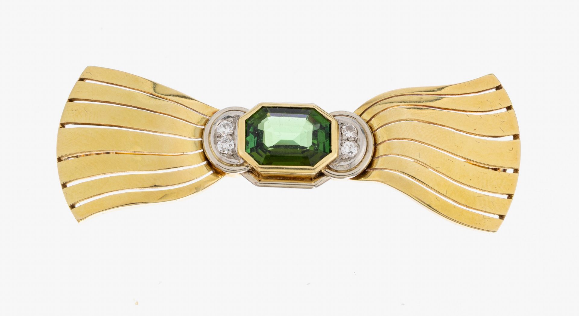 14 kt Gold Turmalin-Brillant-Brosche, 1950er Jahre, GG/WG