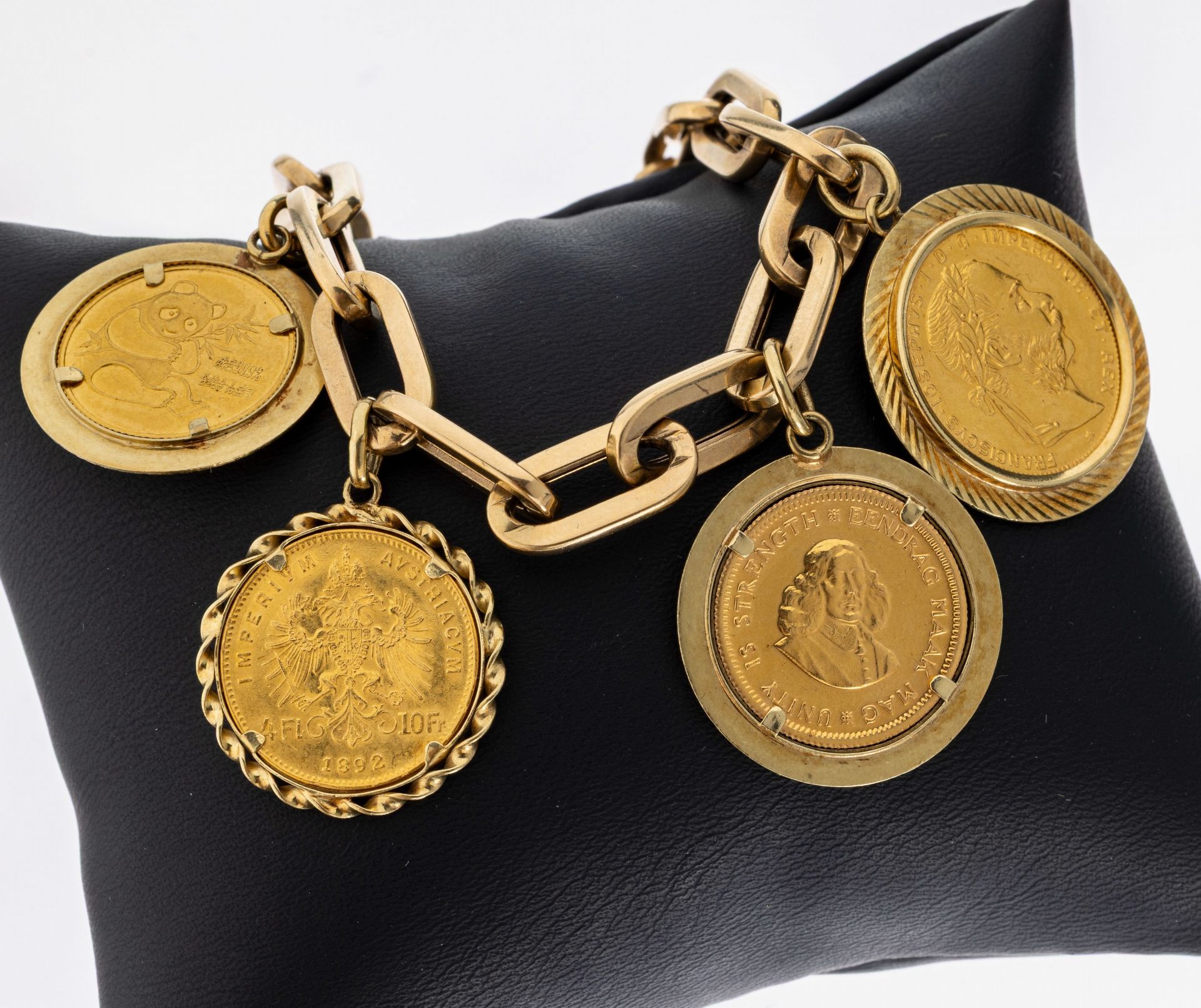14 kt Gold Münz-Armband, GG 585/000, 5 bewegl. abgehängte