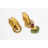 Paar 18 kt Gold Creolen mit Farbstein- Einhänger, GG