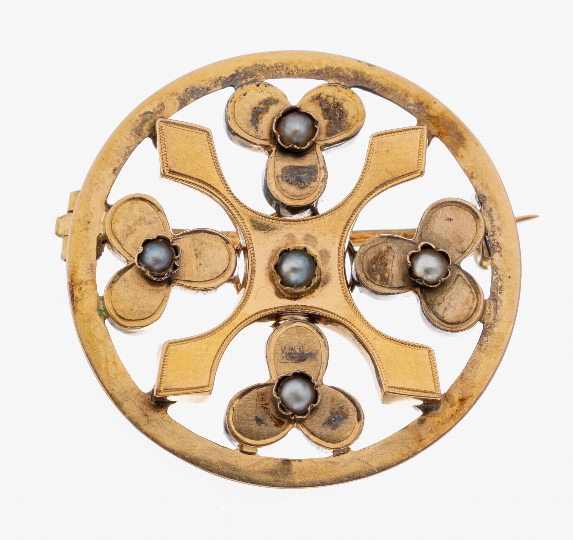18 kt Gold Perl-Brosche, Frankreich um 1900, GG 750/000,