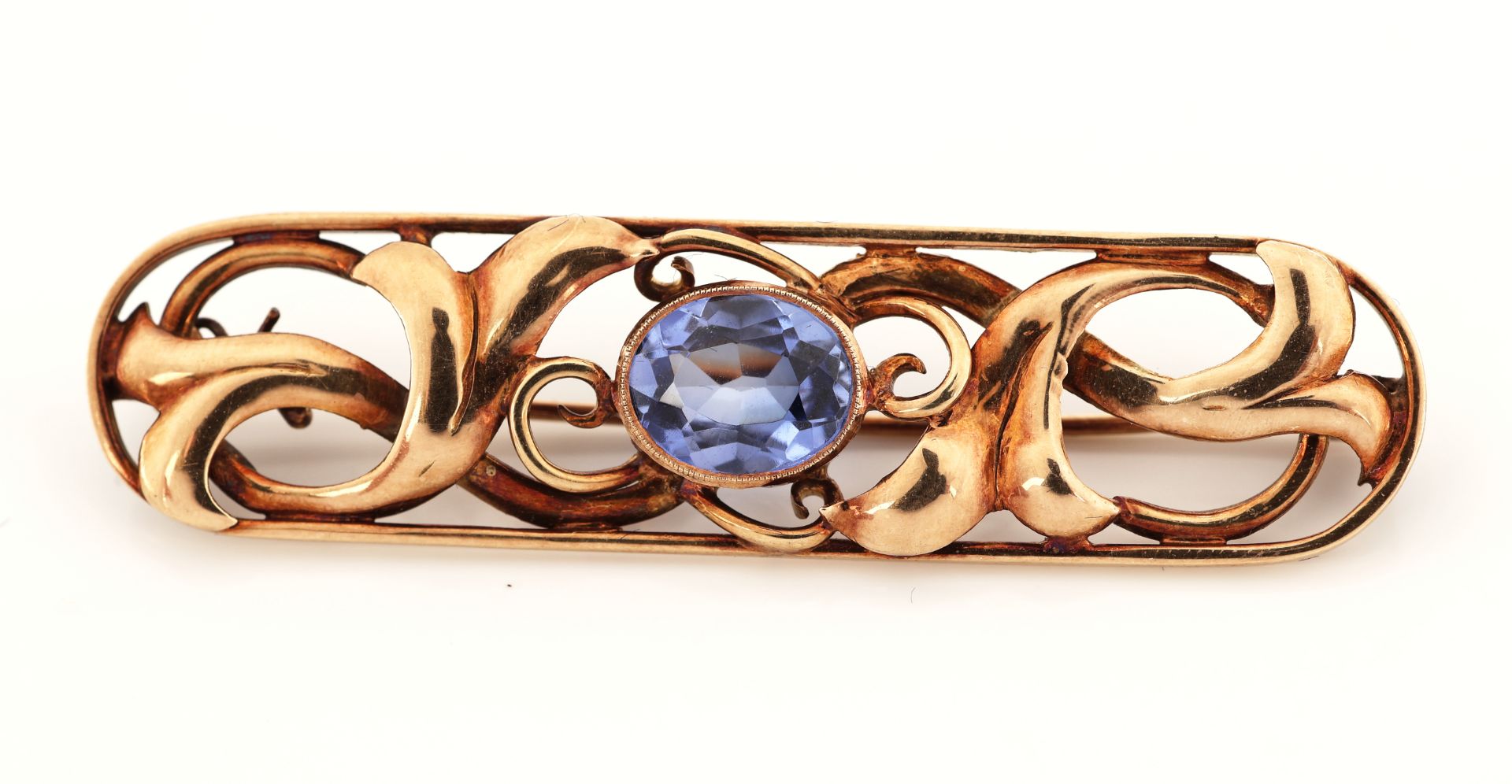 14 kt Gold Saphir-Brosche, um 1930, GG 585/000, ovale - Bild 2 aus 5