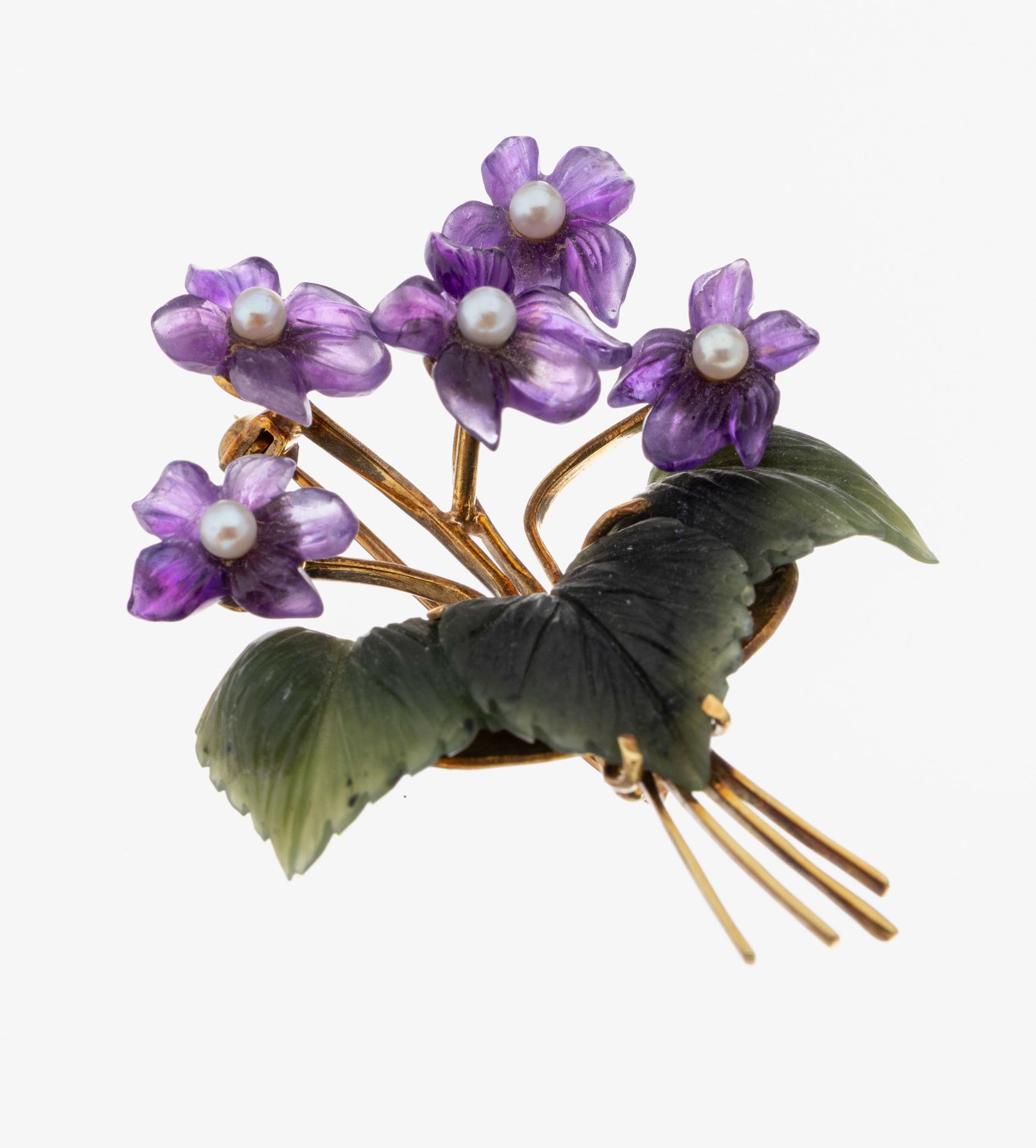 14 kt Gold Nephrit-Amethyst-Perl -Veilchenbrosche, 1950er