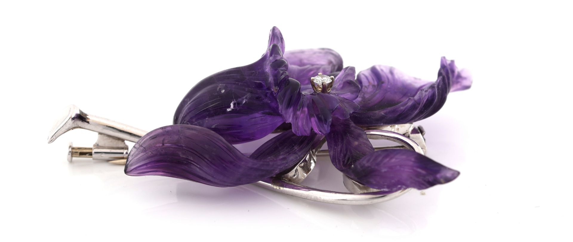 18 kt Gold Amethyst-Brillant-Brosche, WG 750/000, - Bild 2 aus 5