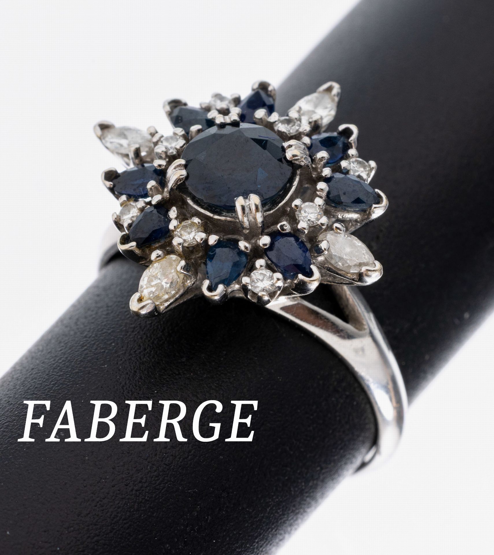 18 kt Gold FABERGE Saphir-Diamant-Ring, WG 750/000, Modell