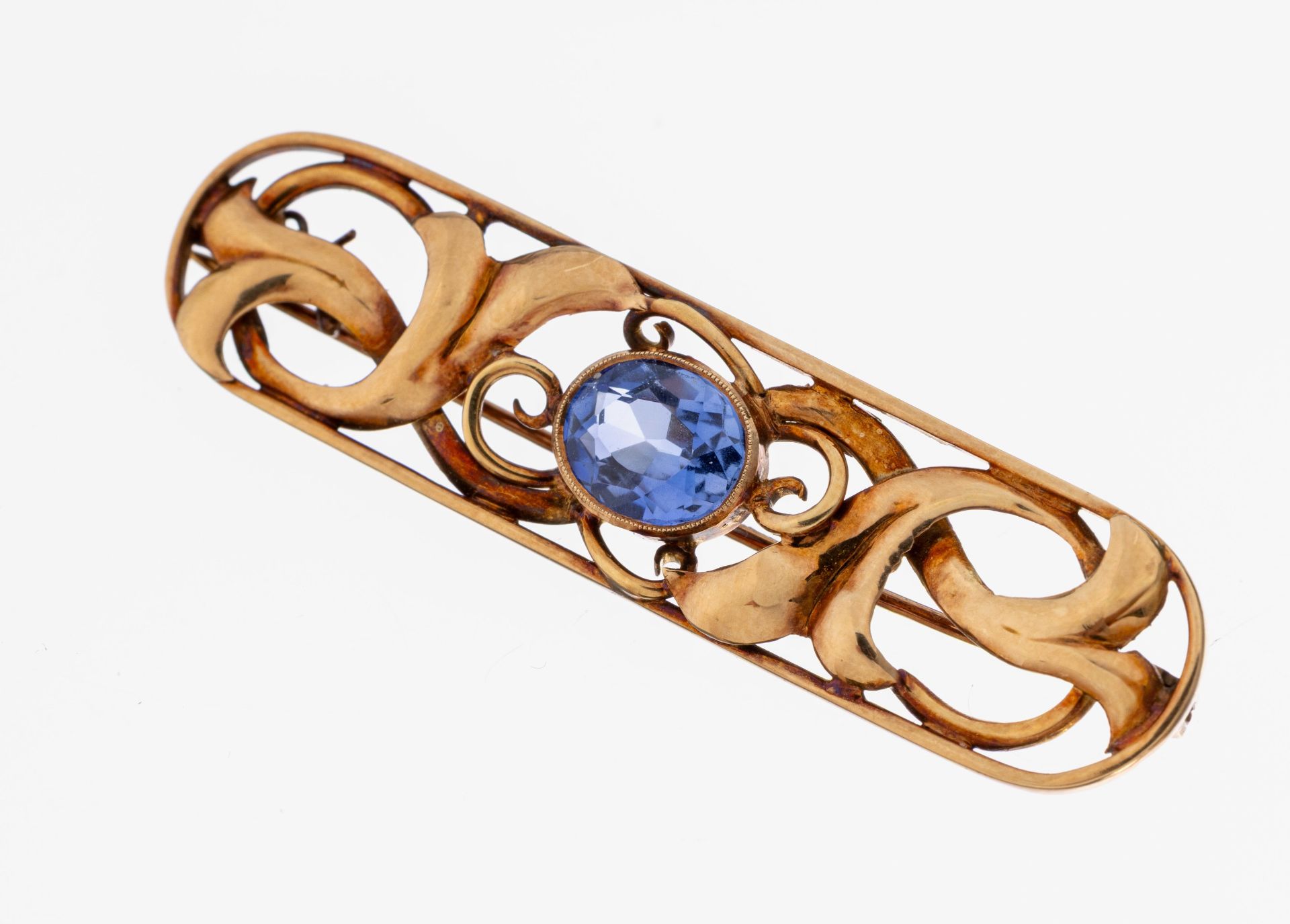 14 kt Gold Saphir-Brosche, um 1930, GG 585/000, ovale