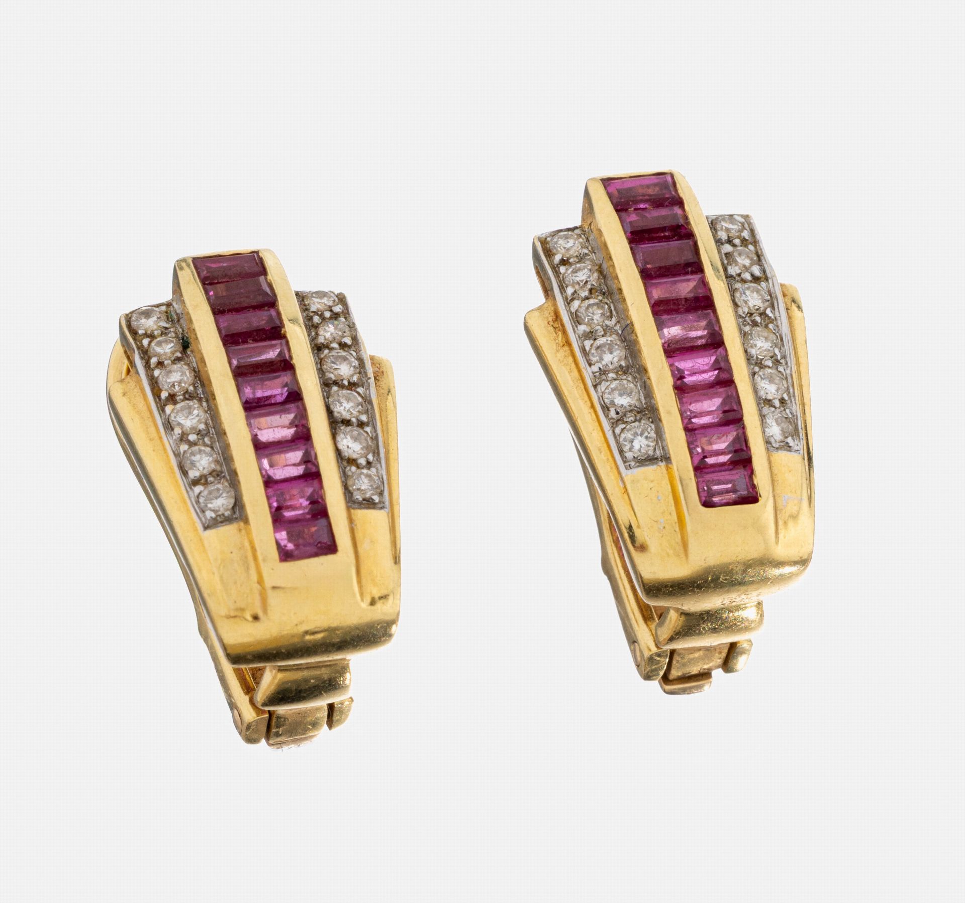 Paar 18 kt Gold Rubin-Brillant-Ohrclips, GG750/000,